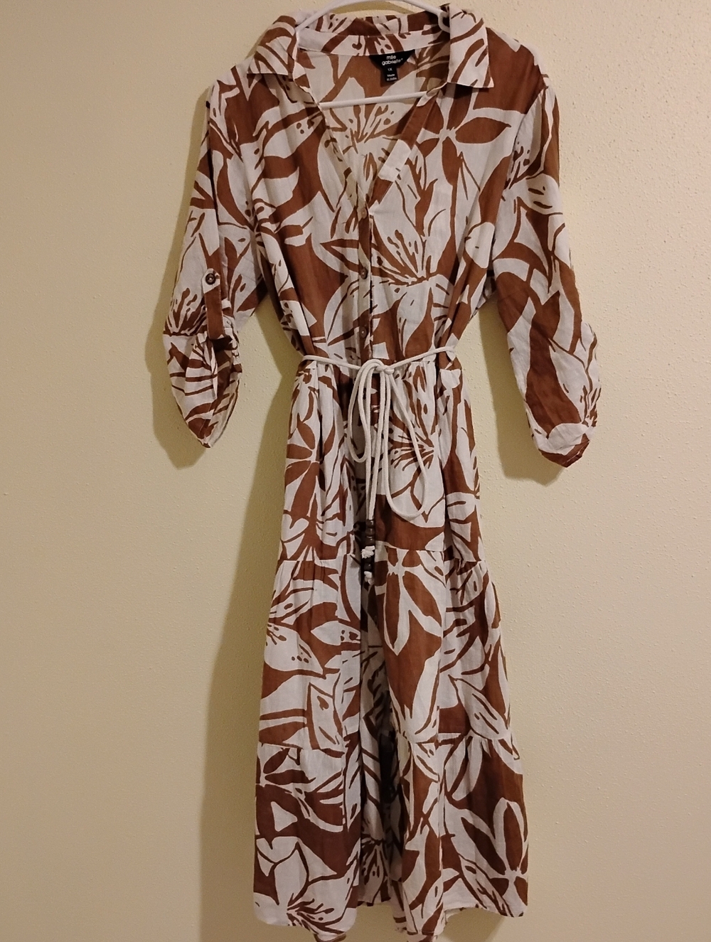 Brown and White Floral Tie-Waist Shirt Dress